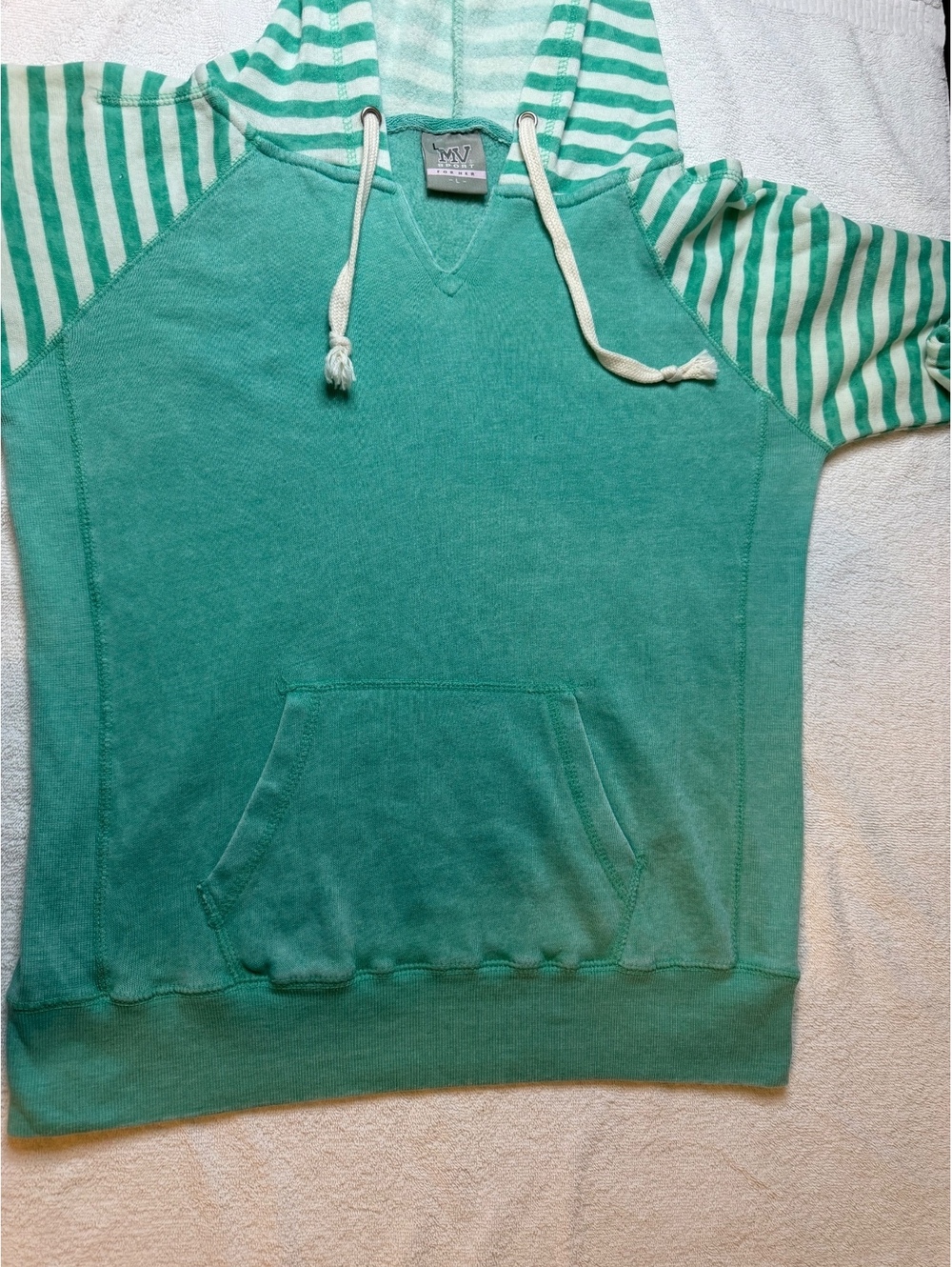 MV Sport For Her Green Striped Sleeve Hoodie Sweatshirt Large - #1082